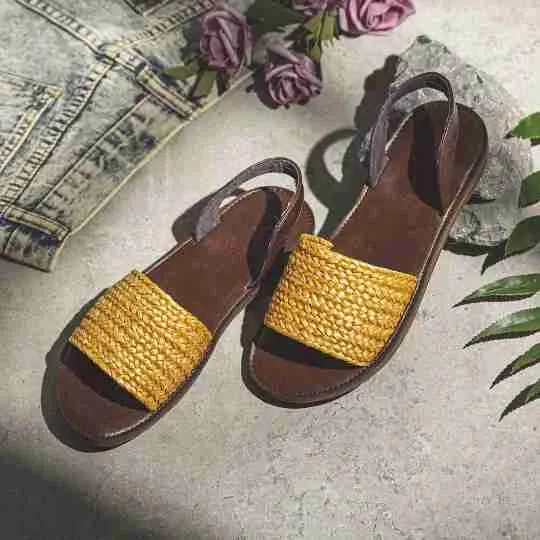 LOSTISY Zapatos sin cordones planos con punta abierta de paja Sandalias
